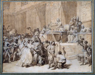 Den franske revolusjon: Nasjonalkonventet vedtar den 4/02/1794 (16. pluviôse år II) i Paris å avskaffe slaveriet i koloniene. Tusjtegning. Mål: 0,26 x 0,33 m. Paris, Musée Carnavalet