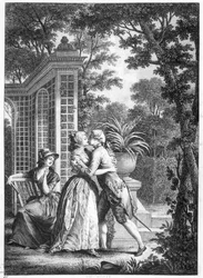 Kjærlighetens første kyss, illustrasjon fra «Julie, eller den nye Héloïse» av Jean-Jacques Rousseau (1712-78)