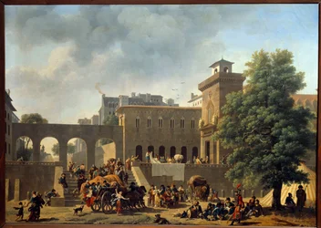 Campaign of Italy (1796-1797): "" Utsiden av et militærsykehus eller franskmennene i Italia"" Maleri av Nicolas Antoine Taunay (1755-1820) Søn fra 1700-tallet. 0,46 x 0,65 m