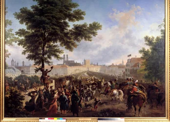 Inngangen til den franske hæren kommandert av keiser Napoleon Bonaparte (1769-1821) i München, 24/10/1805-maleriet av Nicolas Antoine Taunay (1755-1830) 1800-tallet. Dim. 1,8x2,2 m.