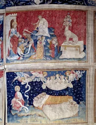Åpenbaringens henging (1373-1383). N. 44 høy: beten har syv hoder. N. 51 lav: De rettferdiges søvn. Tapetet av Nicolas Bataille (1330-1405)