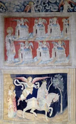 Henging av åpenbaring (1373-1383), n. 28: Saint John a Patmos og de syv kirkene i Asia og nedenfor. Første segl: Vinneren med den hvite hesten. Tapetet av Nicolas Bataille (1330-1405)