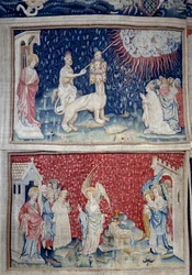 Henging av åpenbaring (1373-1383), n. 44: Jordens Bete får ild til å falle ned fra himmelen. Nedenfor, n. 51, den tredje engel og lammet. Tapestry av Nicolas Bataille (1330-1405)