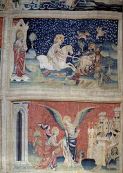 Henging av åpenbaring (1373-1383), n. 70: Guds Ord laster rødbetene. N. 74: Den hellige Johannes foran engelen og Jerusalem Ny. Tapestry av Nicolas Bataille (1330-1405)