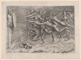 Naken bueskyttere skyter mot et mål festet til en herme, Amor sover nedenfor, muligens ..., ca. 1540-60.