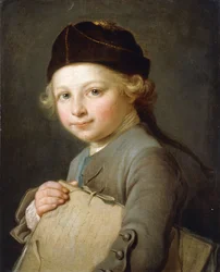 Portrett av en ung gutt, halvlang, iført en grå frakk og caps,