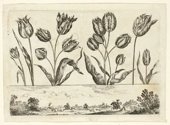 Blomster og jaktscene, fra Livre Nouveau de Fleurs...
