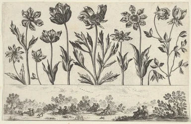 Horisontalt panel med en rad med blomster over en frise med figurer i et landskap, fra Li..., 1645.