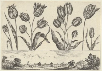 Horisontalt panel med en rad med blomster over en frise med en jaktscene i et landskap,..., 1645.