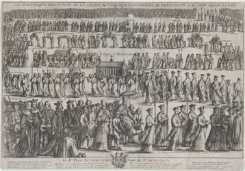 Prosesjonen av St. Genevieves kiste, med geistlige og lekmenn som marsjerte i seks rader..., 1652.