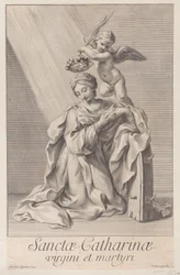 Saint Catherine of Alexandria, knelende med albuen hvilende på pigghjulet, og en..., 1698.