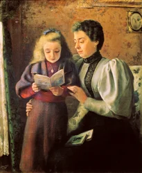 ""Hjelp til lesing"" Detalj. Maleri av Nicolas Esparza Perez (1873-1928). desember 1880 Pamplona. Navarra museum.