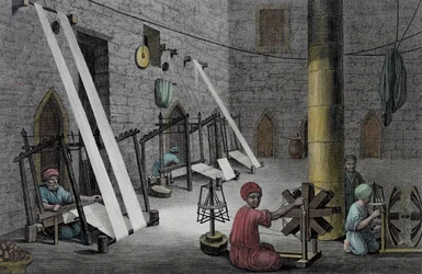 Interiør av et veververksted, fra bind II Arts and Trades av 