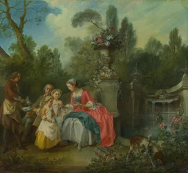En dame i en hage tar kaffe med noen barn, ca 1742