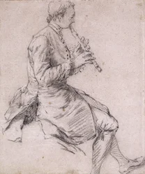 En sittende mann som spiller fløyte, i profil til høyre, ca. 1720-tallet