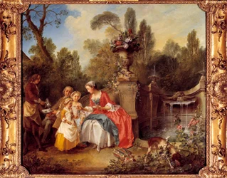 En kvinne i en hage tar kaffe med barn eller en kopp sjokolade Maleri av Nicolas Lancret (1690-1743)