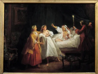 Tales of Jean de La Fontaine: The Gascon Punished Painting on Copper av Nicolas Lancret (1690-1743) Søn. 0,28 x 0,36 m