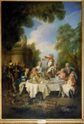 Skinkescenen, lunsj ved en landlig bankett rundt en skinke blant adelen. Maleri av Nicolas Lancret (1690-1743), 1735. H. 1,8 x 1,2 m, Chantilly, Musée Condé