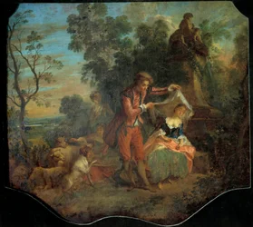 Hyrden indiskret bukolisk scene som viser en ung hyrde som løfter sløret som en ung hyrde sover under. Maleri av Nicolas Lancret (1690-1743). 1700-tallets søn. 0,84 x 0,95 m. Omvisninger, Museum of Fine Arts