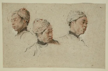 Tre studier av hodet til en svart mann med turban