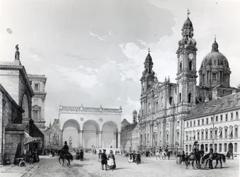 Royal Palace, Hall of Marshals og Theatines Church i München, første halvdel av det nittende århundre
