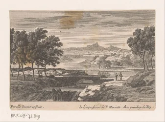 Landskap med turgåere ved steinbro