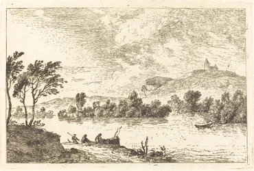 Elvelandskap med figurer og en båt ved vannkanten