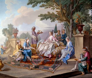 Lunsj til Sultanus. Maleri på mykt porselen av Nicolas Pierre Pithou Le Jeune (1700-tallet) 1783 Dim. 0,39x0,49 m Sevres, keramisk sitat - The breakfast of the Sultana. Mykpasta porselensmaleri av Nicolas Pierre Pithou The Younger (1700-tallet)