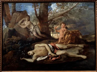 Ekko og Narkissos, illustrasjon til legenden som inspirerte Ovid i «Forvandlingene». Maleri, 17. århundre. Mål: 0,74 x 1 m, Paris
