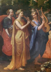 Hymenaios forkledd som en kvinne under et offer til Priapus, detalj av musikerne, ca. 1634-38