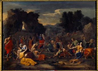 Israelittene samler manna (manna) i ørkenen. Maleri av Nicolas Poussin (1594-1665)