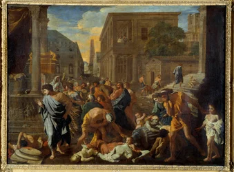 Pesten i Asdod sier at filisterne ble truffet av pesten Maleriet av Nicolas Poussin