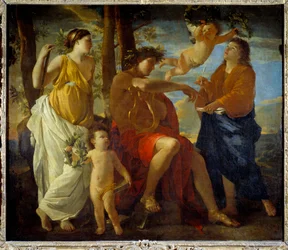 Inspirasjonen til poeten Un poete, en lyre i hånden og hodeplagget til en laurbærkrone, er omgitt av muser og putti. maleri av Nicolas Poussin