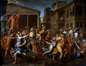 Fjerningen av sabinene av romerne. Romulus til venstre observerer scenen. Maleri av Nicolas Poussin