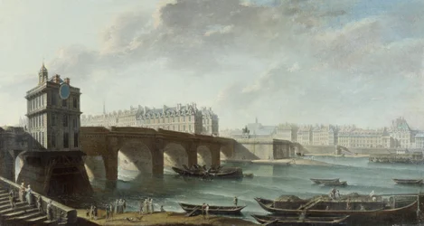 Samaritaine-pumpen, Pont-Neuf og Île de la Cité, Quai de Conti, utsikt fra Quai du Louvre, før 1771 (olje på lerret)
