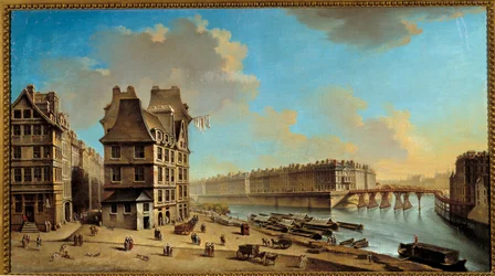 Quai de la Greve, Île Saint Louis og Pont Rouge sett fra Place de Greve-maleriet av Nicolas Raguenet (1715-1793) 1700-talls søn. 0,46x0,84 m Paris, Musee Carnavalet - Quai de la Greve, Ile Saint-Louis og Pont Rouge sett fra