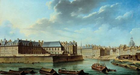 Den østlige spissen av Ile Saint Louis med hotellet til Bretonvilliers og Hotel Lambert-maleriet av Nicolas Raguenet