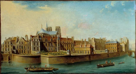 Utsikt over Ile de la Cite med apsis til Cathedrale Notre Dame og Quai aux Fleurs fra Ile Saint Louis i Paris Maleri av Nicolas Raguenet (1715-1793) 1753 Søn. 0,46x0,84 m Paris, Musee Carnavalet - Utsikt over Ile de la Cite med apene