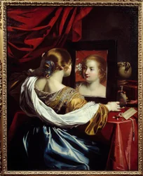 Ung kvinne på toalettet Maleri av Nicolas Regnier (1590-1667) 1626 Søn. 1,3x1,05 m Lyon, musee des Beaux Arts - Ung kvinne på toalettet hennes. Maleri av Nicolas Regnier (1590-1667)