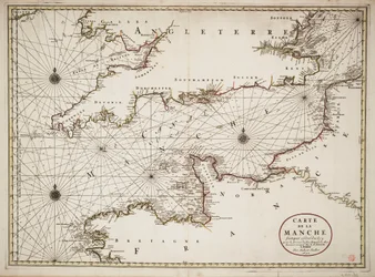 Kart over Den engelske kanal og Atlanterhavskysten i Sør-Storbritannia og Nord-Frankrike