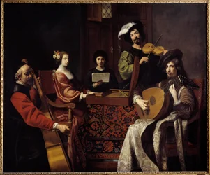 Barokkmusikk: «Konserten». Musikere som spiller strengeinstrumenter. Maleri av Nicolas Tournier (1590-1657), 17. århundre, Sun. 1,88 x 2,26 m