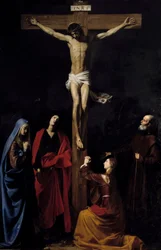Kristus på korset, Jomfruen, Madeleine, Saint John og Saint Vincent de Paul Inskripsjon "" INRI"" på korset. Maleri av Nicolas Tournier (1590-1657)