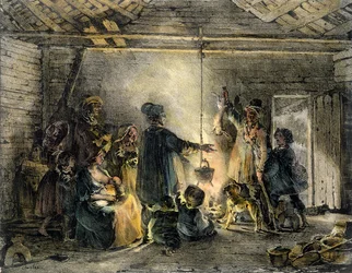 Interiør i en kullgruvehytte, gravert av Godefroy Engelmann (1788-1839) 1829