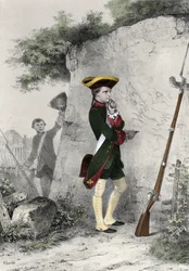 Napoleon I Bonaparte (1769 - 1821) ved militærskolen i Brienne i 1783. Gravering av Charlet fra 1800-tallet.