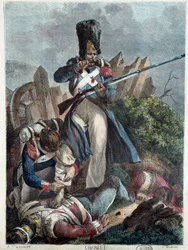 Den franske soldaten. (Grenadier I empire wesse) Gravering av Nicolas Toussaint Charlet (1792-1845)