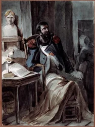 Den gamle grognard. Et sykelig tidligere medlem av Napoleon Is (1769-1821) garde ved en byste av keiseren. Tegning av Nicolas Toussaint Charlet (1792-1845), 5/05/1820. Rueil-Malmaison, Musée national des châteaux de Malmaison et Bois-Préau