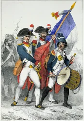 Hjemlandet i fare: Frivillige fra Den første republikk (1792-1799) på vei til krig (farget gravering)