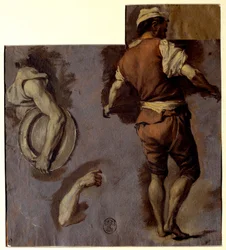 Studie av anatomi, armbevegelser og ryggmann Oljetegning av Nicolas Vleughels (1668-1737) Søn. 0,28x0,25 m