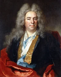 Portrett av Jacques Vincent Bassablons, rådgiver for kongen, halv lengde, iført en blå frakk med en gullbrodert vest og en rød omslag, 1718
