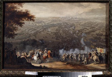 Slaget ved Poltava (Pultawa) den 27. juni 1709. Slaget stilte den svenske hæren til Karl XII av Sverige opp mot den russiske tsaren Peter den store under den store nordiske krigen (1700 til 1721). Maleri av Nico